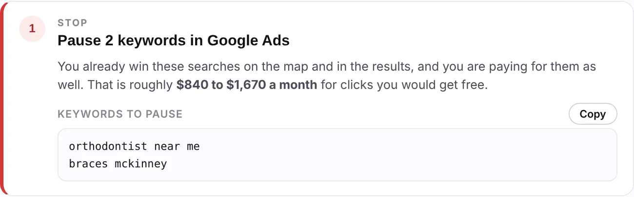 AdCompass sample: step 1, keywords to pause in Google Ads